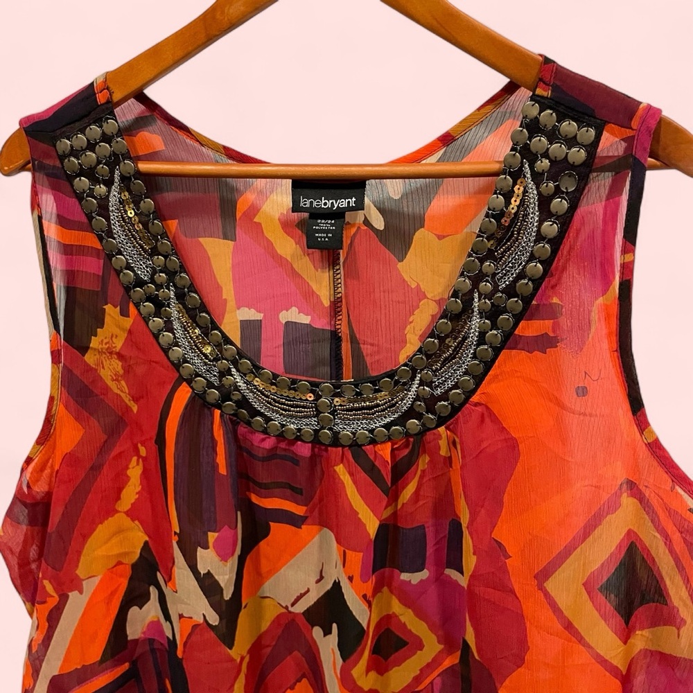 Beautiful tropical aztec sheer handkerchief hem bling collar sheer top